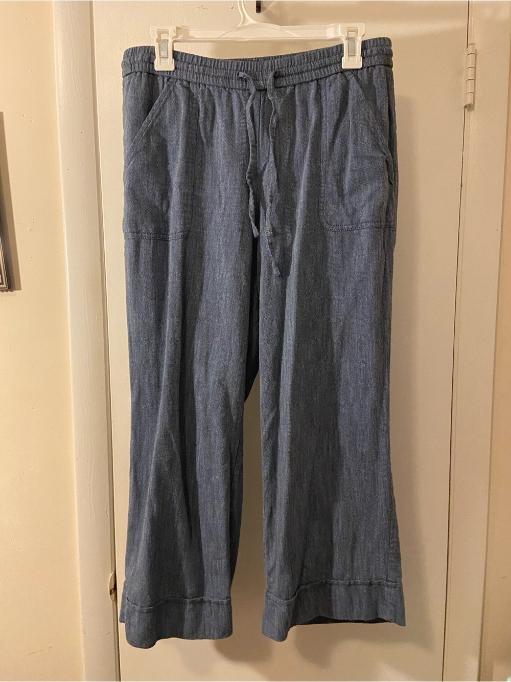 LOFT Light Blue Cropped Wide-Leg Drawstring Pants